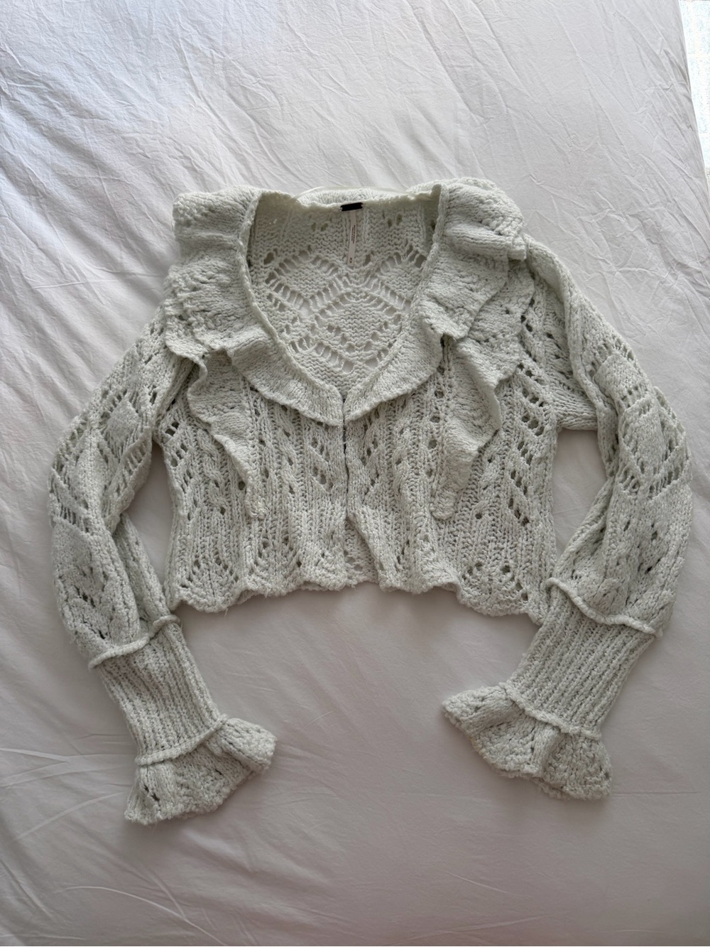 FREE PEOPLE Mint Green Open-Knit Ruffle Cropped V-Neck Sweater